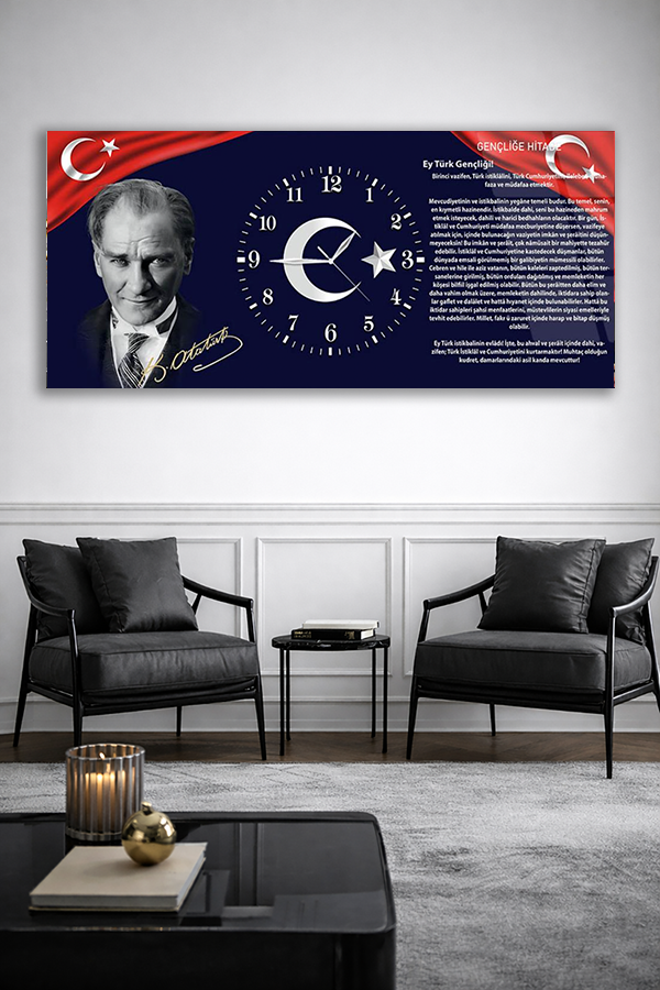 KIRILMAZ CAM DUVAR SAATİ , HEM TABLO HEM SAAT ATATÜRK VE TÜRK BAYRAĞI TASARIM EV OFİS HEDİYESİ