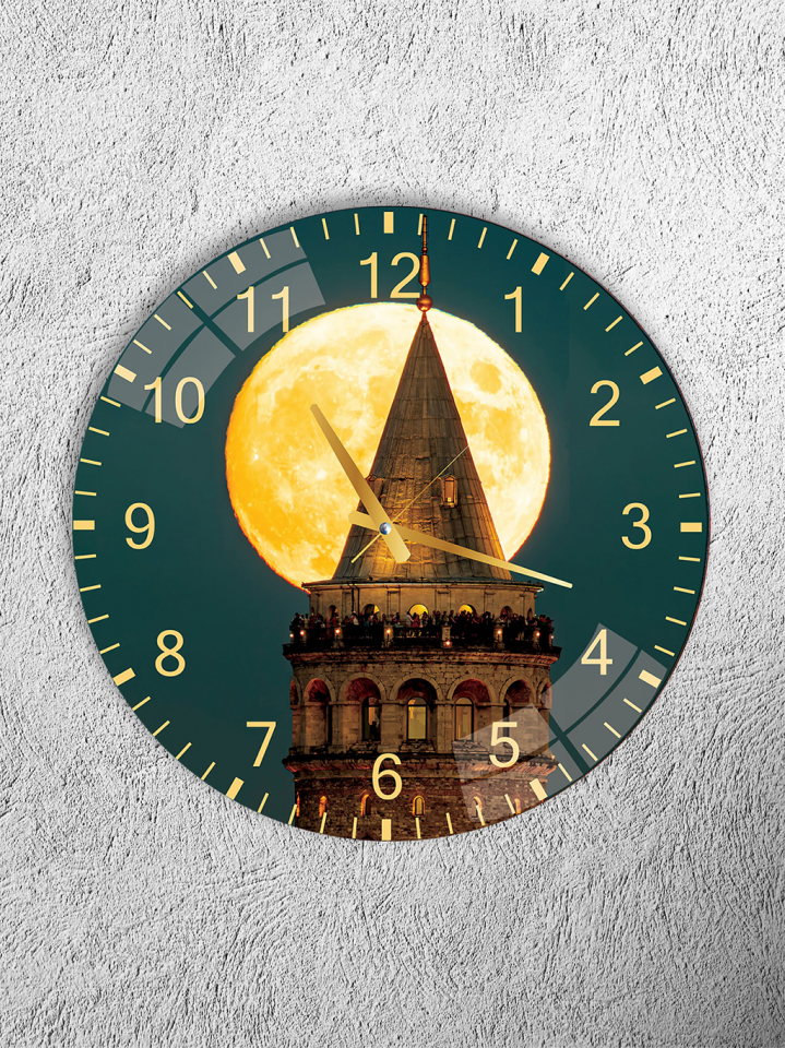 KIRILMAZ CAM DUVAR SAATİ, HEM TABLO HEM SAAT GALATA KULESİ DOLUNAY MANZARALI EV OFİS HEDİYESİ