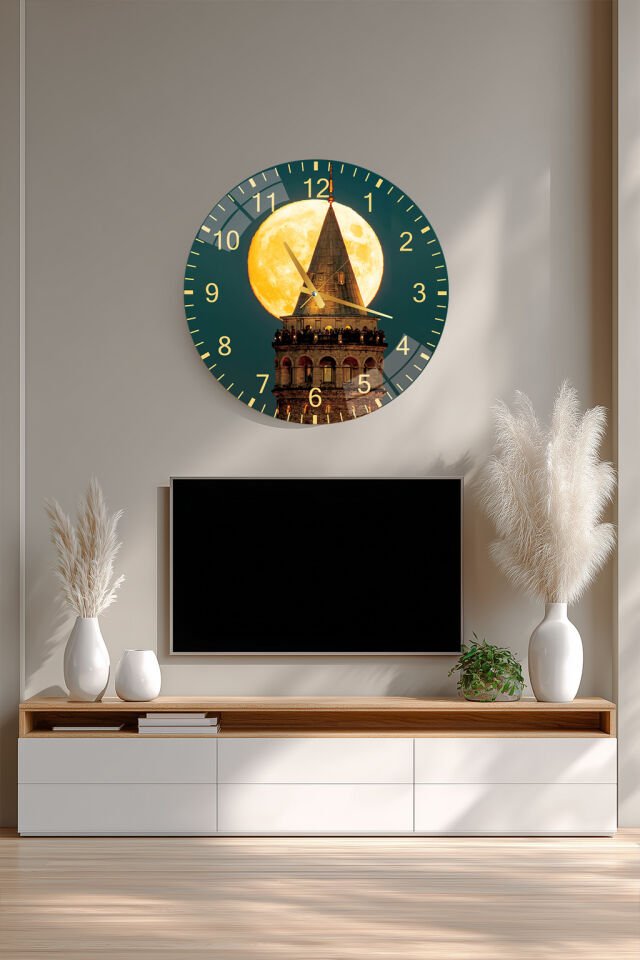 KIRILMAZ CAM DUVAR SAATİ, HEM TABLO HEM SAAT GALATA KULESİ DOLUNAY MANZARALI EV OFİS HEDİYESİ