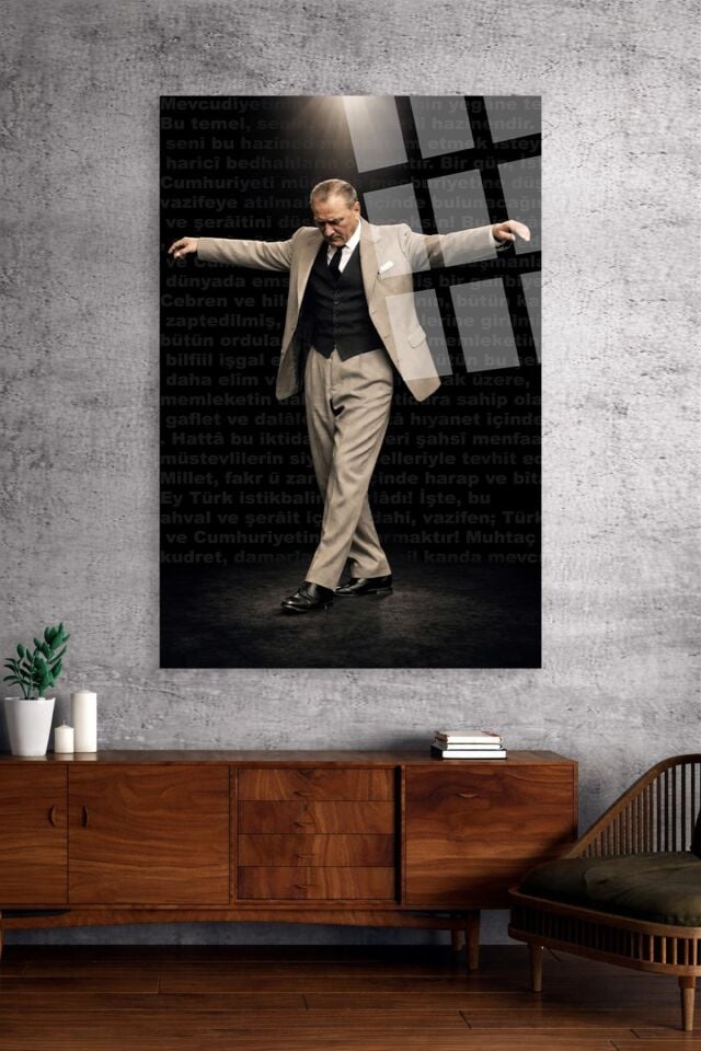 ATATÜRK VE GENÇLİĞE HİTABE TEMALI ÖZEL TASARIM KIRILMAZ CAM DUVAR TABLOSU LÜKS EV OFİS HEDİYESİ Çok Renkli