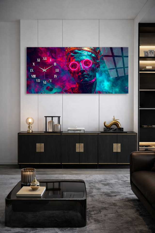 KIRILMAZ CAM DUVAR SAATİ , HEM TABLO HEM SAAT NEON HEYKEL MODERN SANAT EV OFİS HEDİYESİ