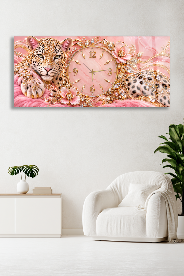 PEMBE KRİSTAL LEOPAR CAM TABLO SAAT DUVAR SAATİ EV HEDİYESİ