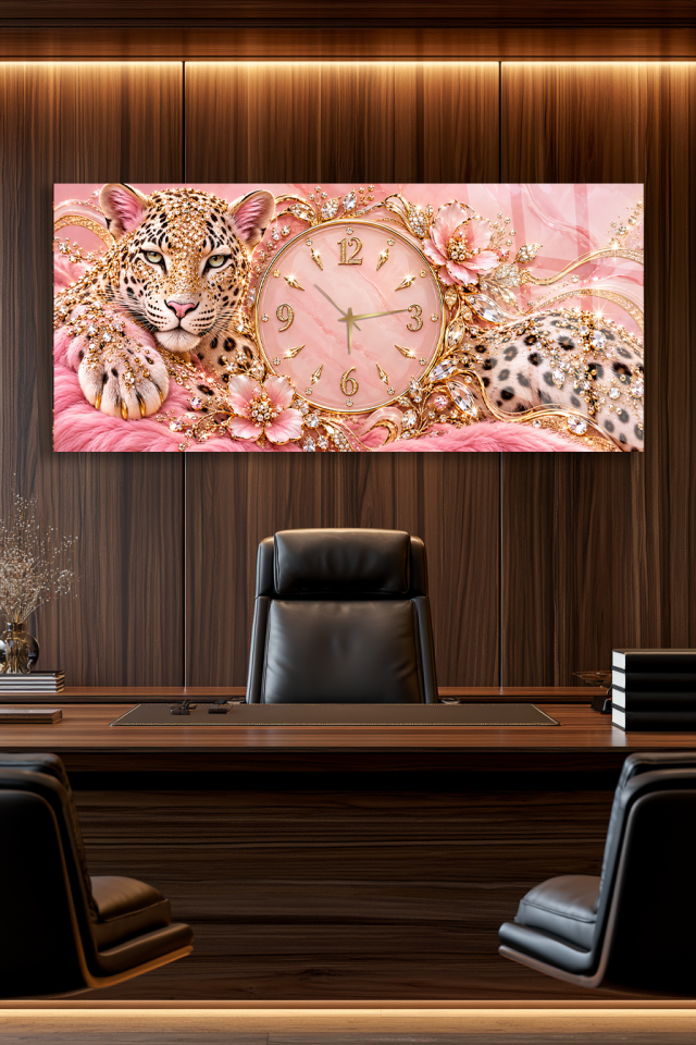 PEMBE KRİSTAL LEOPAR CAM TABLO SAAT DUVAR SAATİ EV HEDİYESİ