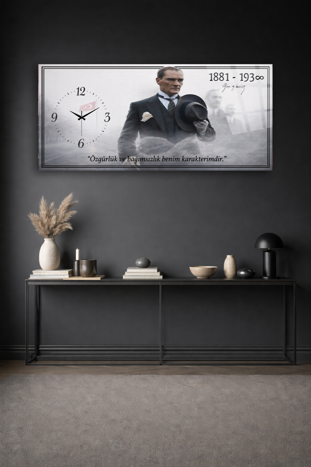 KIRILMAZ CAM DUVAR SAATİ , HEM TABLO HEM SAAT ATATÜRK İMZALI NOSTALJİK TASARIM EV OFİS HEDİYESİ