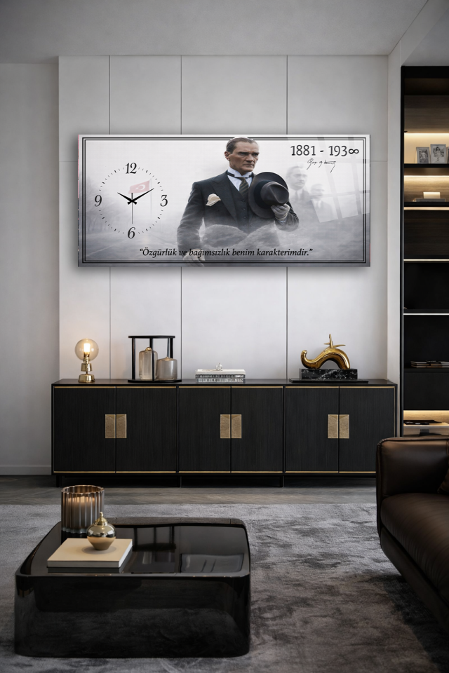 KIRILMAZ CAM DUVAR SAATİ , HEM TABLO HEM SAAT ATATÜRK İMZALI NOSTALJİK TASARIM EV OFİS HEDİYESİ