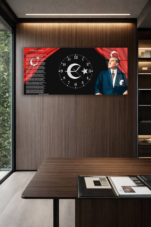 KIRILMAZ CAM DUVAR SAATİ , HEM TABLO HEM SAAT ATATÜRK PORTRELİ ALTIN DETAYLI EV OFİS HEDİYESİ