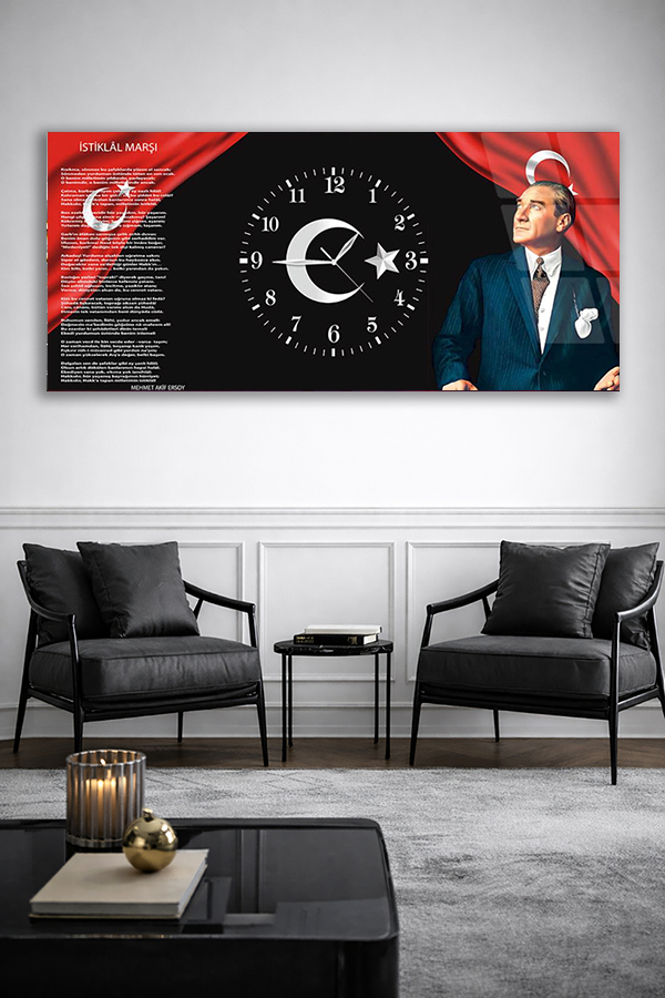 KIRILMAZ CAM DUVAR SAATİ , HEM TABLO HEM SAAT ATATÜRK PORTRELİ ALTIN DETAYLI EV OFİS HEDİYESİ