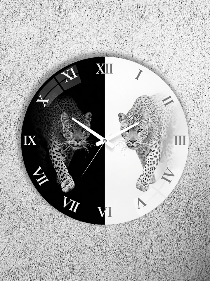 KIRILMAZ CAM DUVAR SAATİ, HEM TABLO HEM SAAT SİYAH BEYAZ LEOPAR FİGÜRLÜ MODERN TASARIM EV OFİS HEDİYESİ
