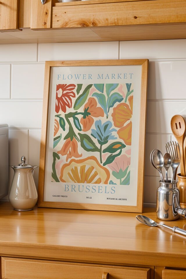 DOĞAL AHŞAP - Doğal Ahşap Çerçeveli Flower Market Brussels Tablosu – Bohem Çiçek Deseni