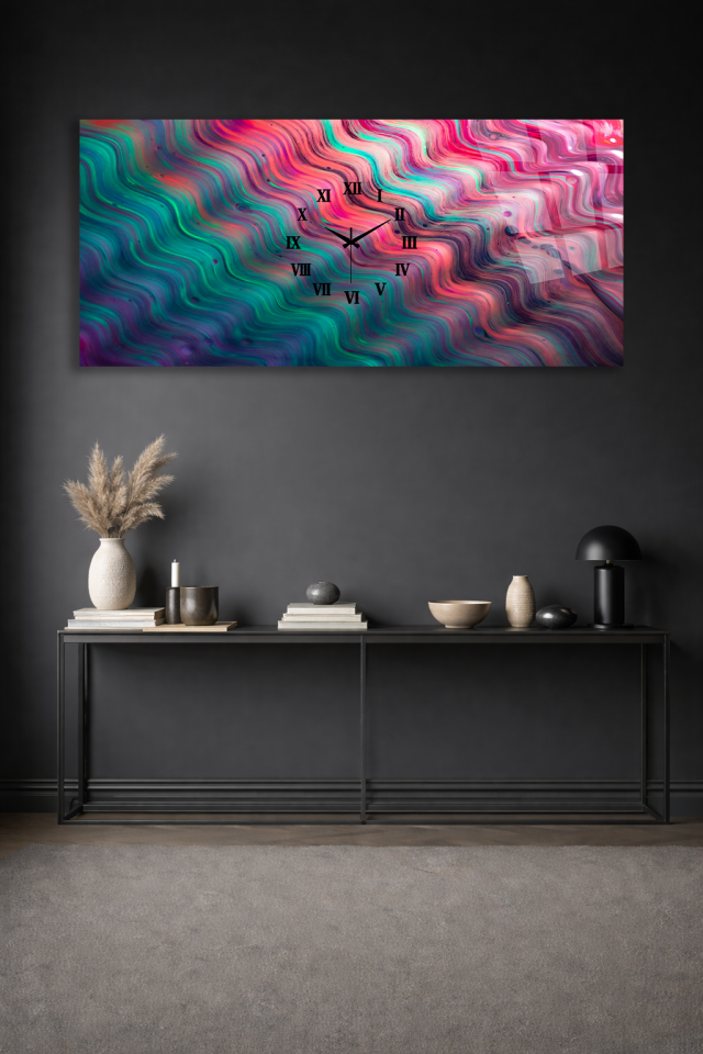 KIRILMAZ CAM DUVAR SAATİ , HEM TABLO HEM SAAT DALGALI RENK GEÇİŞLİ EV OFİS HEDİYESİ