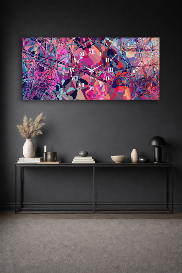 KIRILMAZ CAM DUVAR SAATİ , HEM TABLO HEM SAAT RENKLİ POLİGON SOYUT MODERN EV OFİS HEDİYESİ