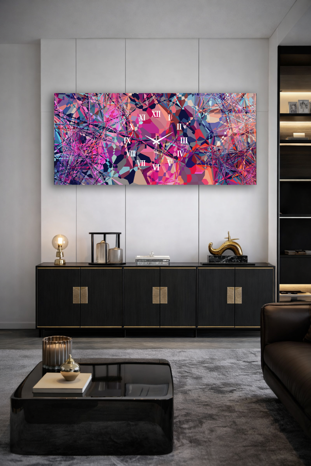 KIRILMAZ CAM DUVAR SAATİ , HEM TABLO HEM SAAT RENKLİ POLİGON SOYUT MODERN EV OFİS HEDİYESİ