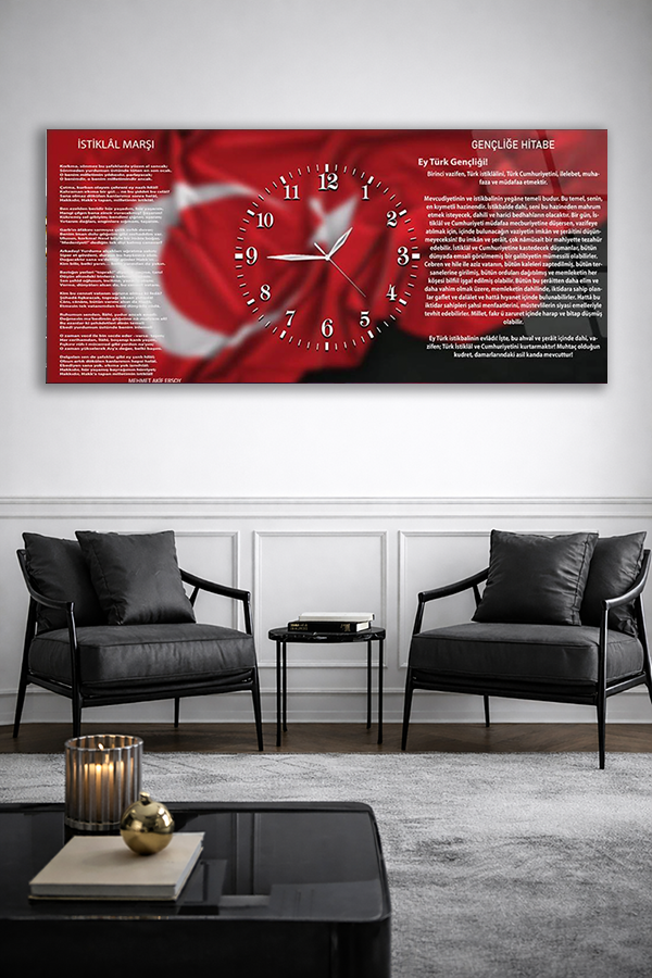 KIRILMAZ CAM DUVAR SAATİ , HEM TABLO HEM SAAT İSTİKLAL MARŞI YAZILI ATATÜRK TEMALI EV OFİS HEDİYESİ