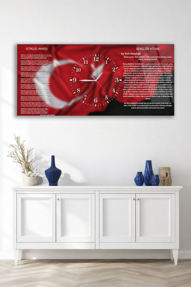 KIRILMAZ CAM DUVAR SAATİ , HEM TABLO HEM SAAT İSTİKLAL MARŞI YAZILI ATATÜRK TEMALI EV OFİS HEDİYESİ
