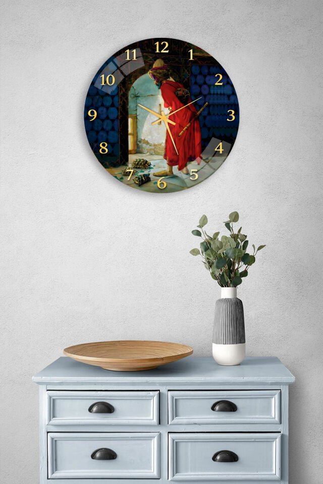 KIRILMAZ CAM DUVAR SAATİ, HEM TABLO HEM SAAT OSMANLI KAPI ÖNÜ FİGÜRLÜ KLASİK SANAT TASARIMI EV OFİS HEDİYESİ