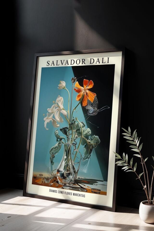 SİYAH - Salvador Dali Sürreal Çiçek ve Kelebek Ahşap Çerçeveli Duvar Tablosu