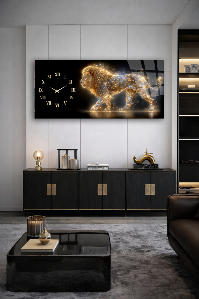 KIRILMAZ CAM DUVAR SAATİ , HEM TABLO HEM SAAT ALTIN ASLAN GÜÇ VE ASALET TEMASI EV OFİS HEDİYESİ
