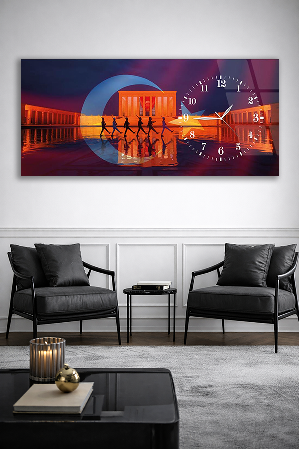 KIRILMAZ CAM DUVAR SAATİ , HEM TABLO HEM SAAT ANITKABİR VE BAYRAK TEMALI MODERN EV OFİS HEDİYESİ