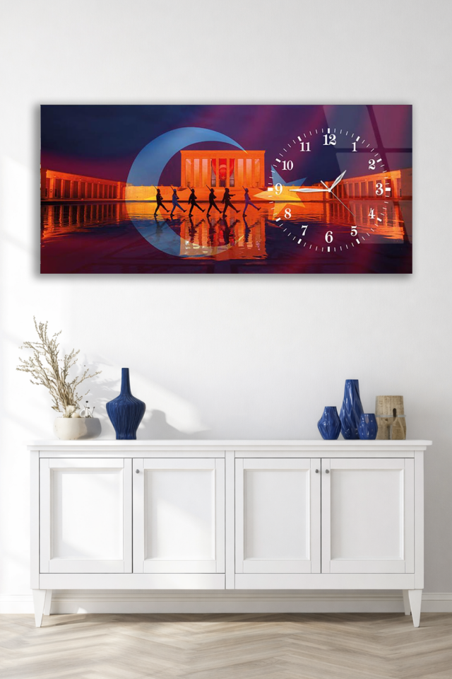 KIRILMAZ CAM DUVAR SAATİ , HEM TABLO HEM SAAT ANITKABİR VE BAYRAK TEMALI MODERN EV OFİS HEDİYESİ