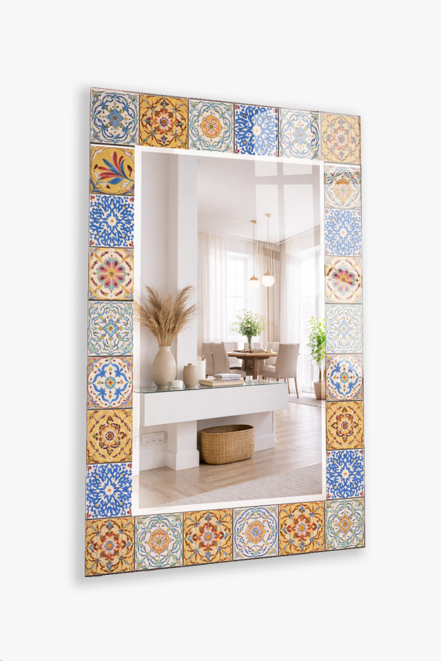 HEM TABLO HEM AYNA PATCHWORK KARO SERAMİK DESEN CAM DUVAR AYNASI EV DEKORU