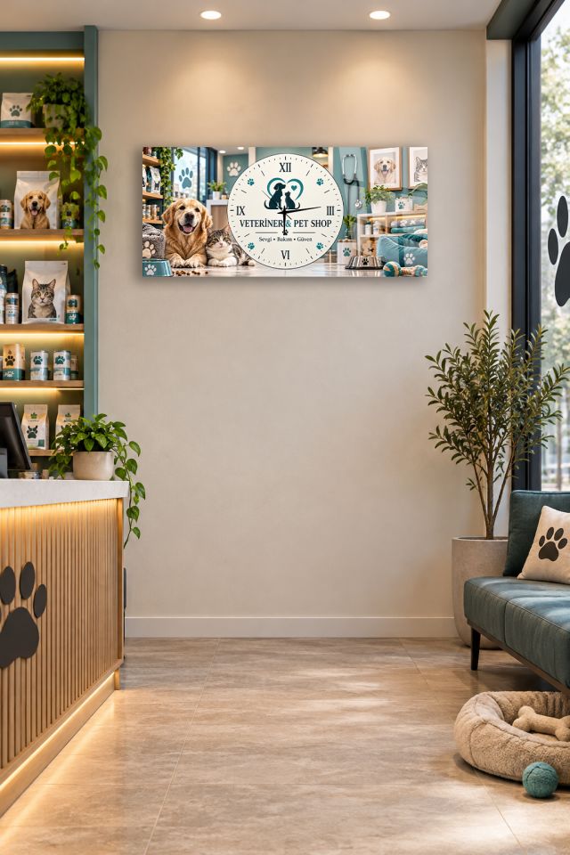VETERİNER PET SHOP TEMALI CAM TABLO SAAT İŞYERİ HEDİYESİ
