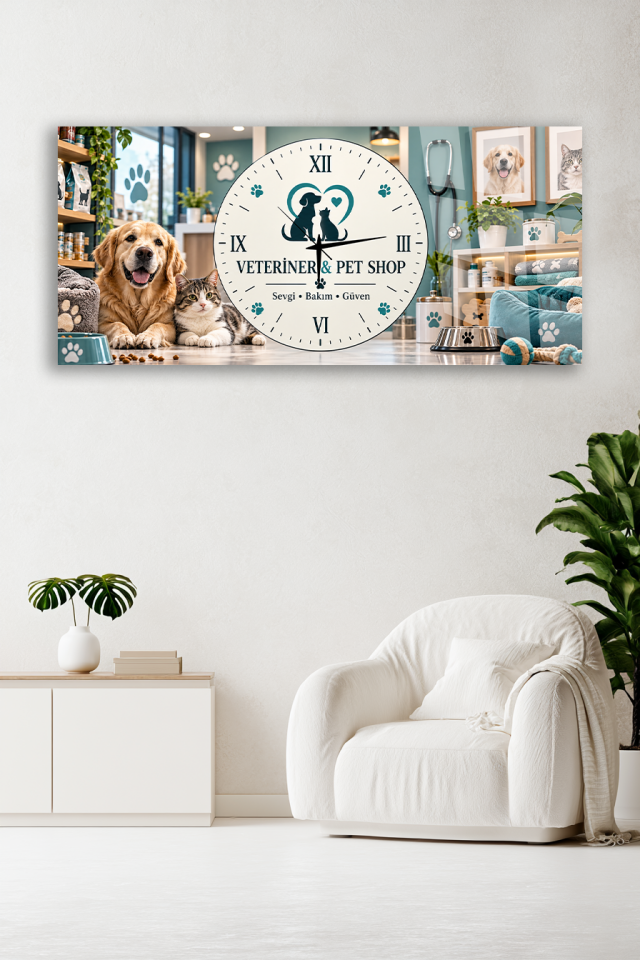 VETERİNER PET SHOP TEMALI CAM TABLO SAAT İŞYERİ HEDİYESİ