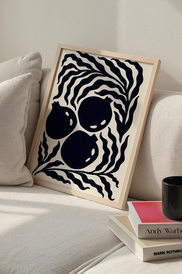 DOĞAL AHŞAP - Botanik Serisi Siyah Çiçekli Matisse Doğal Ahşap Çerçeveli Duvar Tablosu