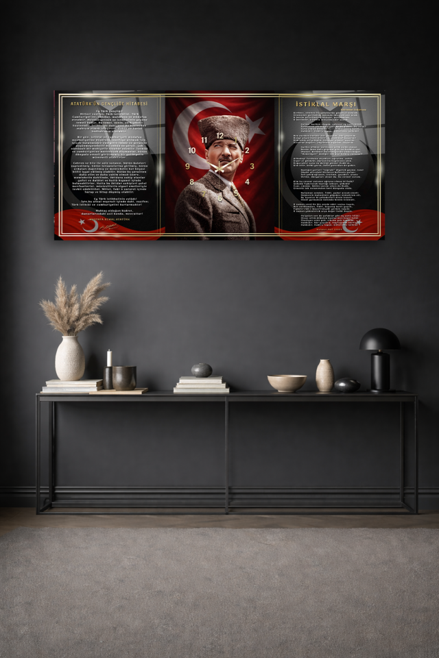 KIRILMAZ CAM DUVAR SAATİ , HEM TABLO HEM SAAT ATATÜRK GENÇLİĞE HİTABE ÖZEL TASARIM EV OFİS HEDİYESİ
