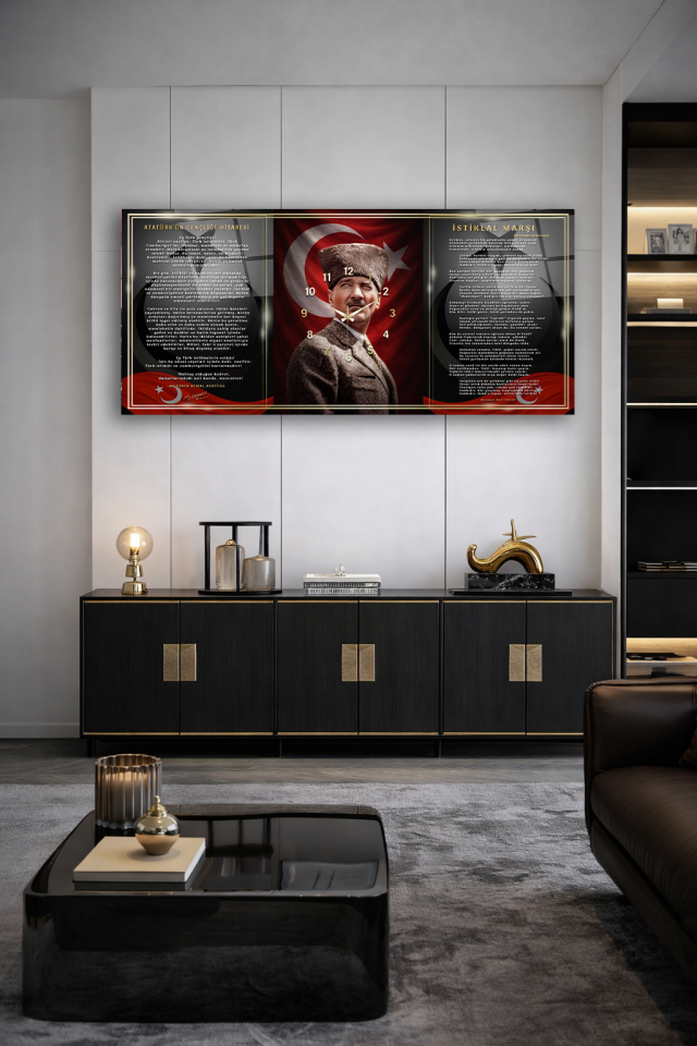 KIRILMAZ CAM DUVAR SAATİ , HEM TABLO HEM SAAT ATATÜRK GENÇLİĞE HİTABE ÖZEL TASARIM EV OFİS HEDİYESİ