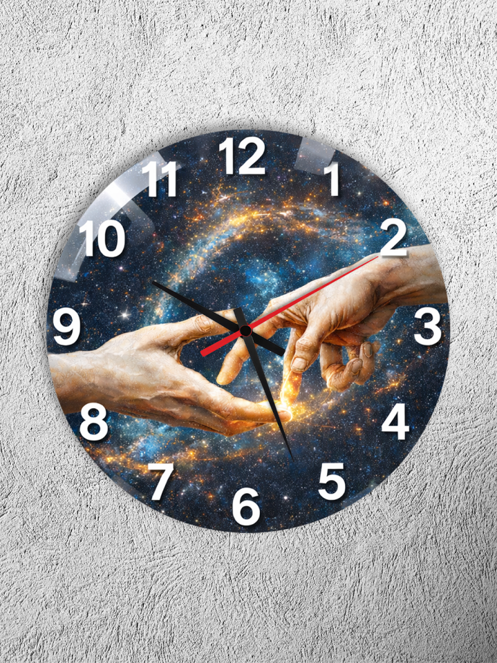 KIRILMAZ CAM DUVAR SAATİ, HEM TABLO HEM SAAT EVREN VE YARADILIŞ ELLER KOZMİK SANAT TASARIMI EV OFİS HEDİYESİ