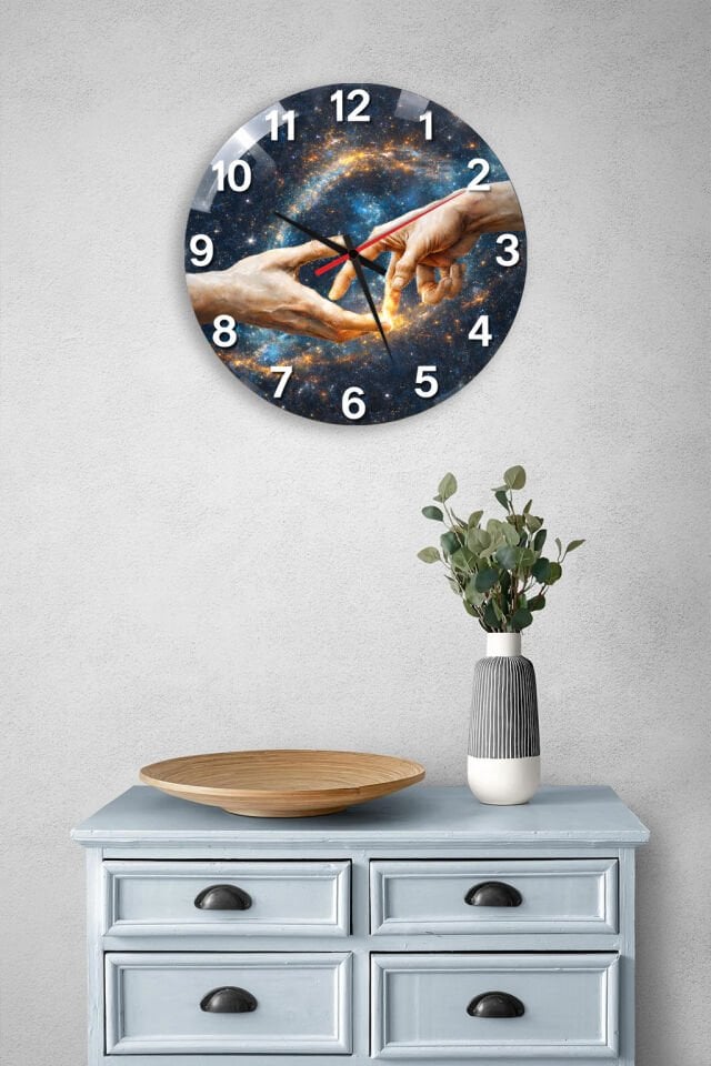KIRILMAZ CAM DUVAR SAATİ, HEM TABLO HEM SAAT EVREN VE YARADILIŞ ELLER KOZMİK SANAT TASARIMI EV OFİS HEDİYESİ