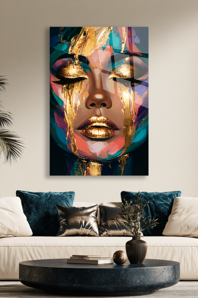 ALTIN DETAYLI KADIN PORTRESİ CAM TABLO MODERN SANAT DEKORU