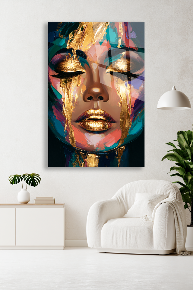 ALTIN DETAYLI KADIN PORTRESİ CAM TABLO MODERN SANAT DEKORU