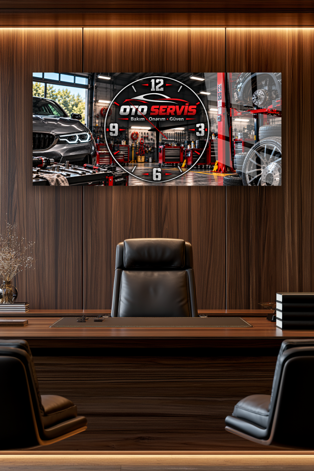OTO SERVİS TEMALI CAM TABLO SAAT İŞYERİ OFİS HEDİYESİ