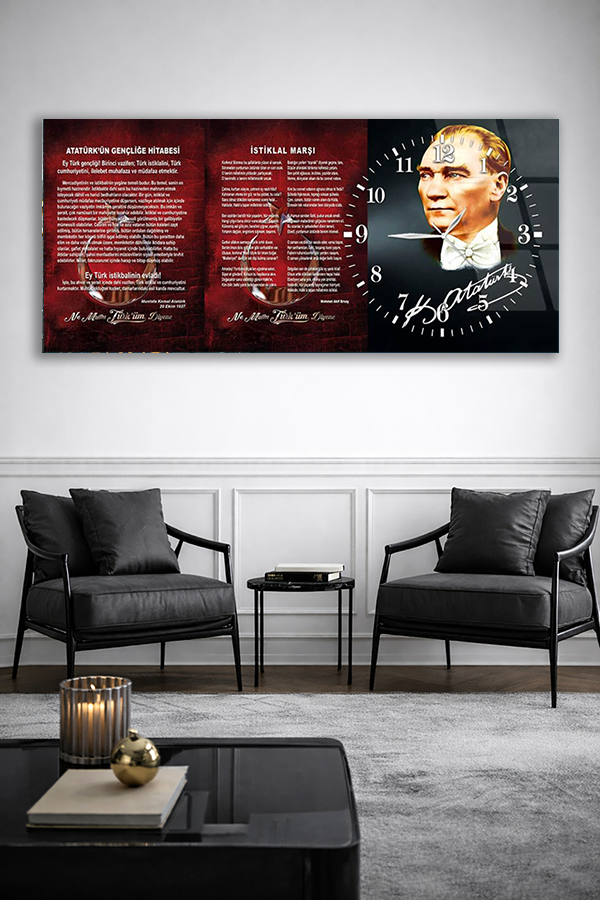 KIRILMAZ CAM DUVAR SAATİ , HEM TABLO HEM SAAT GENÇLİĞE HİTABE VE İSTİKLAL MARŞI EV OFİS HEDİYESİ