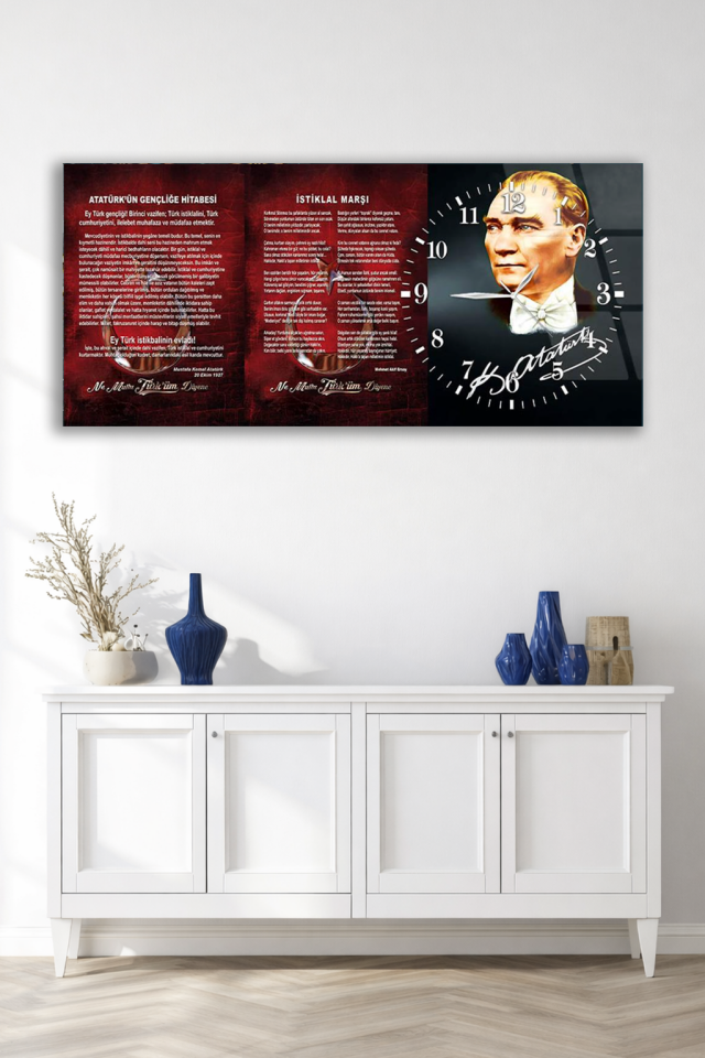 KIRILMAZ CAM DUVAR SAATİ , HEM TABLO HEM SAAT GENÇLİĞE HİTABE VE İSTİKLAL MARŞI EV OFİS HEDİYESİ