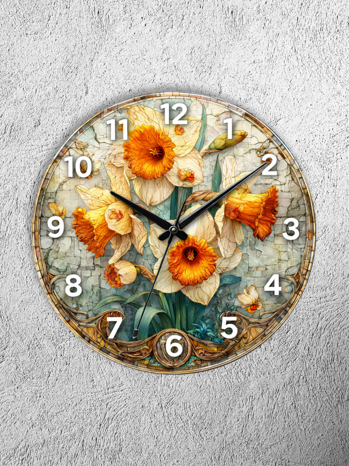KIRILMAZ CAM DUVAR SAATİ, HEM TABLO HEM SAAT NARSİS ÇİÇEKLERİ VİNTAGE ÇİÇEK DESENİ EV OFİS HEDİYESİ