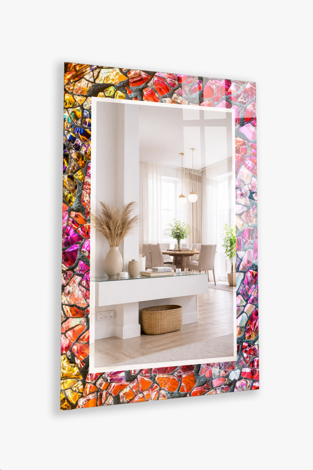 HEM TABLO HEM AYNA RENKLİ CAM PARÇALI MOZAIK DESEN CAM DUVAR AYNASI EV DEKORU