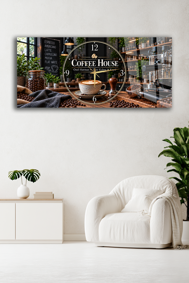 COFFEE HOUSE KAHVE TEMALI CAM TABLO SAAT KAFE İŞYERİ HEDİYESİ