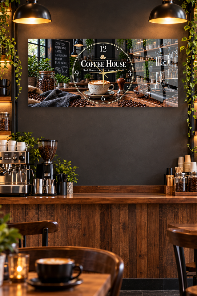 COFFEE HOUSE KAHVE TEMALI CAM TABLO SAAT KAFE İŞYERİ HEDİYESİ