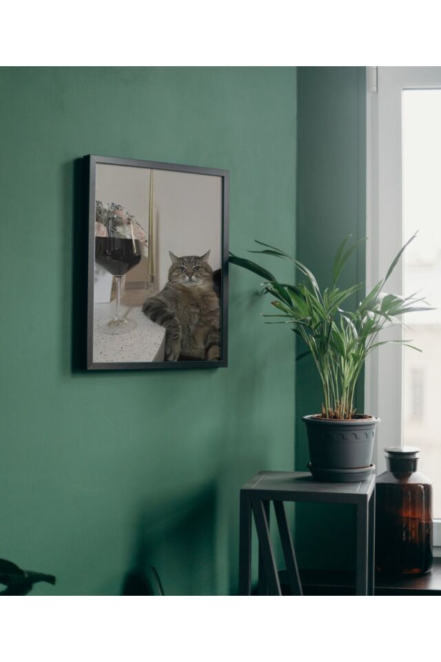 Çok Renkli - Şarapçı Kedi Efkarlı Kedi Pinterest Poster Çerçeveli Hediyelik Dekorasyon Tasarım Tablo