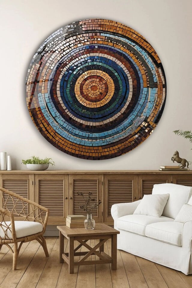 Mozaik Desen Yuvarlak Cam Tablo | Hediyelik, Dekoratif, Ofis, Mutfak,