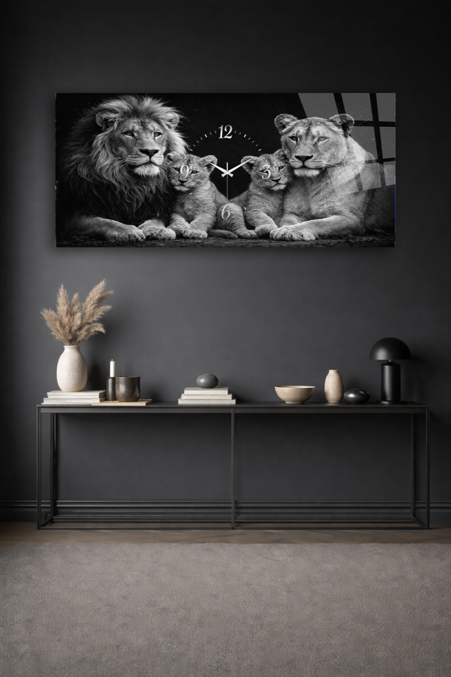 KIRILMAZ CAM DUVAR SAATİ , HEM TABLO HEM SAAT ASLAN AİLESİ SİYAH BEYAZ SANAT EV OFİS HEDİYESİ