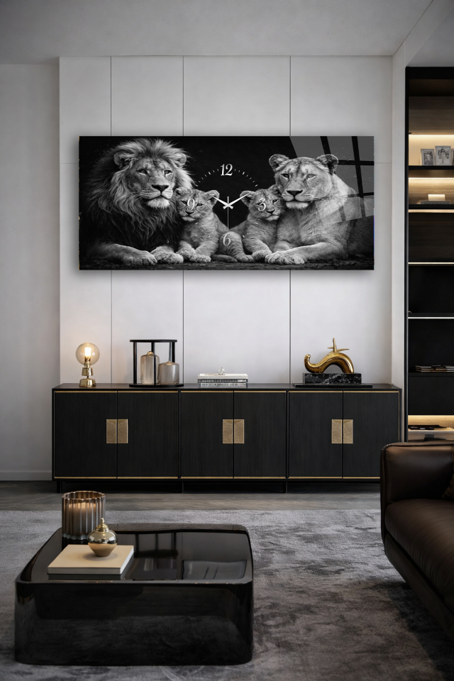 KIRILMAZ CAM DUVAR SAATİ , HEM TABLO HEM SAAT ASLAN AİLESİ SİYAH BEYAZ SANAT EV OFİS HEDİYESİ