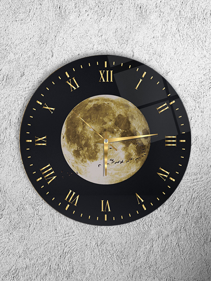 KIRILMAZ CAM DUVAR SAATİ, HEM TABLO HEM SAAT DOLUNAY VE KUŞLAR ROMA RAKAMLI GECE TASARIMI EV OFİS HEDİYESİ