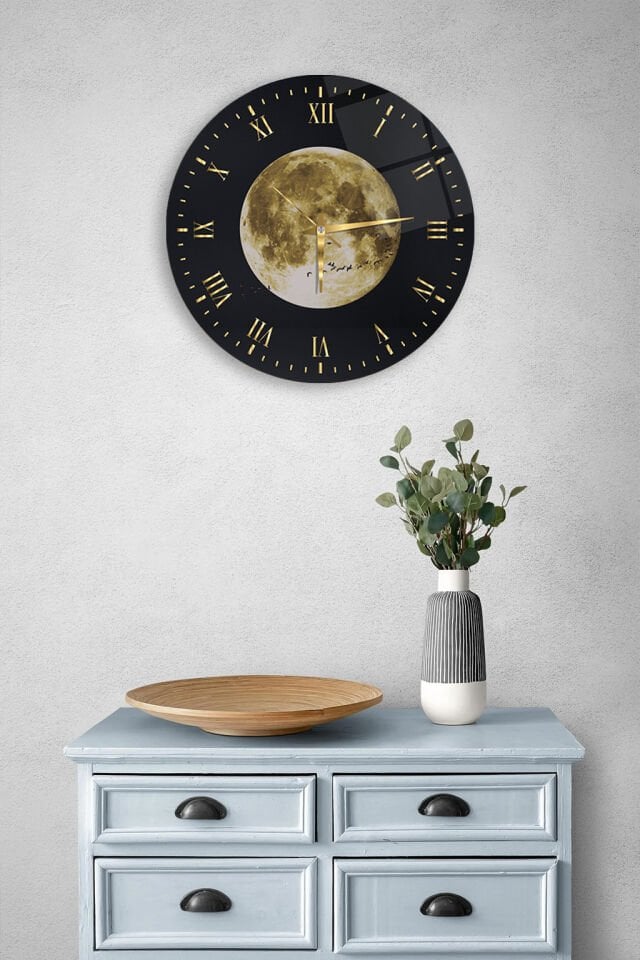 KIRILMAZ CAM DUVAR SAATİ, HEM TABLO HEM SAAT DOLUNAY VE KUŞLAR ROMA RAKAMLI GECE TASARIMI EV OFİS HEDİYESİ