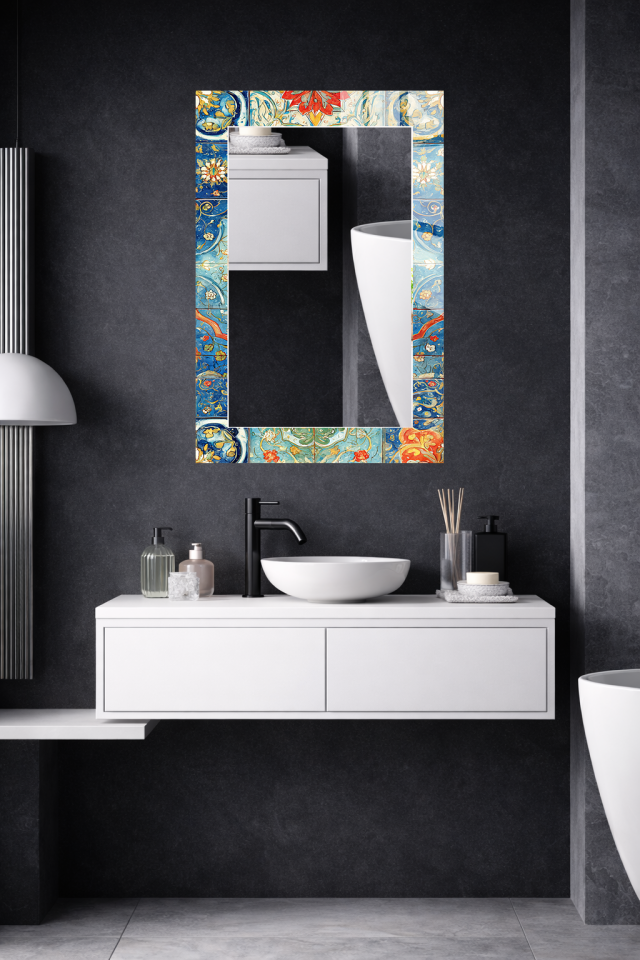 HEM TABLO HEM AYNA TURKUAZ OSMANLI MOTİFLİ DEKORATİF CAM DUVAR AYNASI EV DEKORU