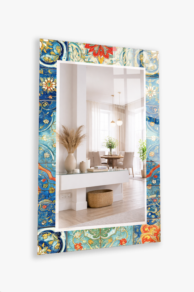 HEM TABLO HEM AYNA TURKUAZ OSMANLI MOTİFLİ DEKORATİF CAM DUVAR AYNASI EV DEKORU