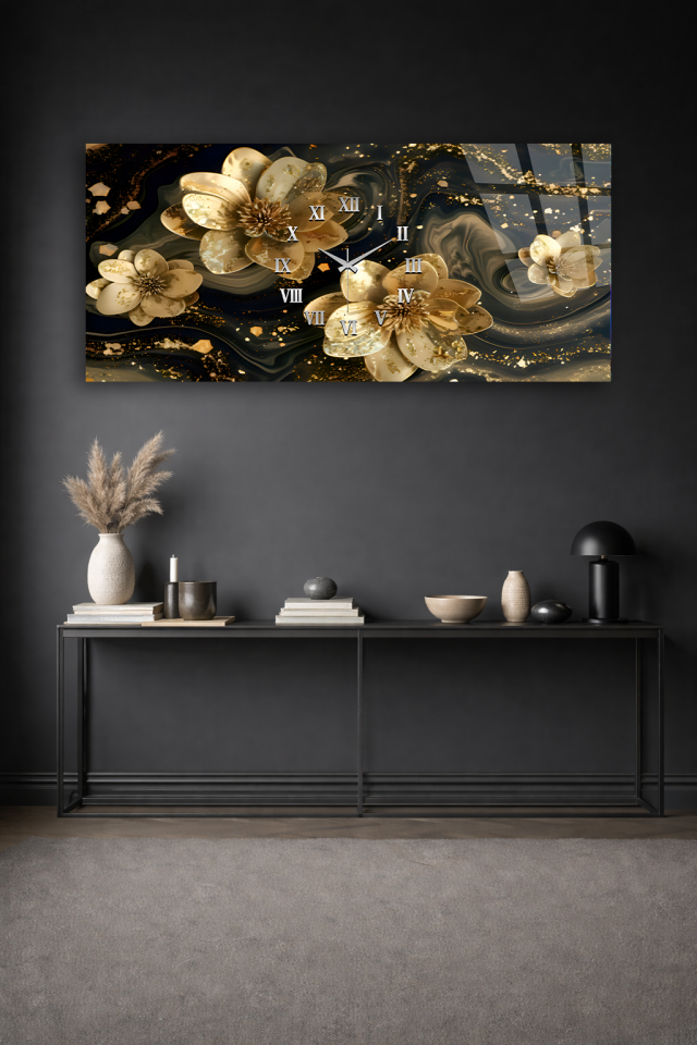 KIRILMAZ CAM DUVAR SAATİ , HEM TABLO HEM SAAT ALTIN ÇİÇEKLİ LÜKS SOYUT TASARIM EV OFİS HEDİYESİ