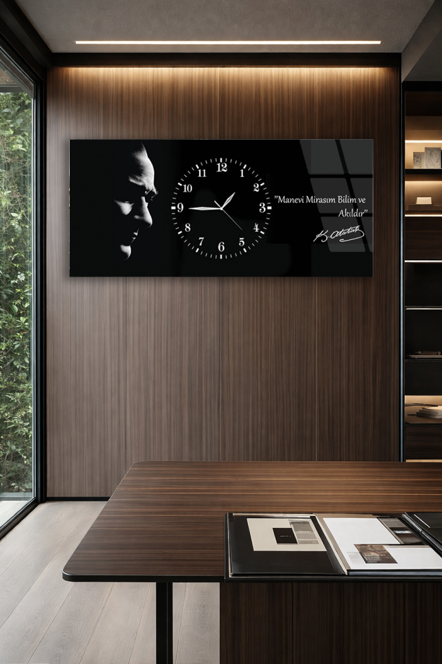 KIRILMAZ CAM DUVAR SAATİ , HEM TABLO HEM SAAT ATATÜRK MANEVİ MİRASIM BİLİM VE AKILDIR OFİS HEDİYESİ
